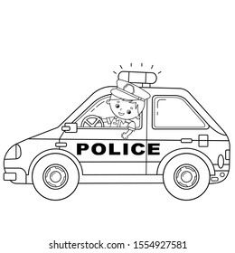 Coloring Page Outline Of cartoon policeman with car. Profession - police. Image transport or vehicle for children. Coloring book for kids.