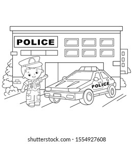 Coloring Page Outline Of cartoon policeman with car. Profession - police. Image transport or vehicle for children. Coloring book for kids.