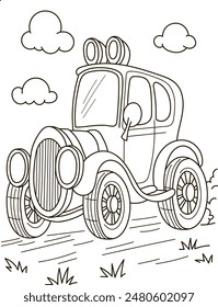 Coloring page outline of the cartoon retro truck car. Colorful vector illustration, summer coloring book for kids.