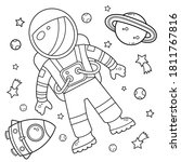 Coloring Page Outline Of a cartoon rocket with astronaut in space. Coloring book for kids. 