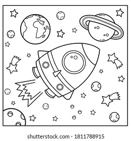 Coloring Page Outline Of cartoon rocket in space  Coloring book for kids   