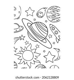 Coloring Page Outline Of a cartoon rocket with astronaut in space. Coloring book for kids.