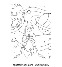 Coloring Page Outline Of a cartoon rocket with astronaut in space. Coloring book for kids.