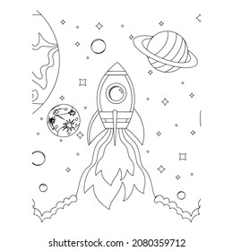 Coloring Page Outline Of a cartoon rocket with astronaut in space. Coloring book for kids.