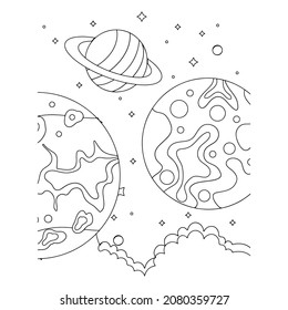 Farbverlauf-Page-Umriss einer Cartoon-Rakete mit Astronaut im All. Farbbuch für Kinder.