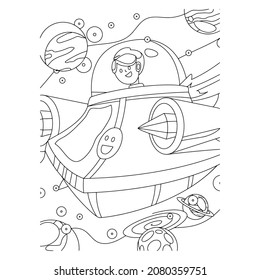 Coloring Page Outline Of a cartoon rocket with astronaut in space. Coloring book for kids.