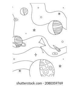 Coloring Page Outline Of a cartoon rocket with astronaut in space. Coloring book for kids.