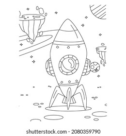 Coloring Page Outline Of a cartoon rocket with astronaut in space. Coloring book for kids.