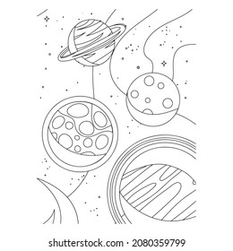 Esbozo de página de color de un cohete de dibujos animados con astronauta en el espacio. Libro de colorear para niños.