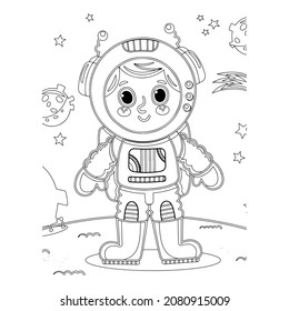 Coloring Page Outline Of a cartoon rocket with astronaut in space. Coloring book for kids.