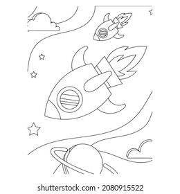 Coloring Page Outline Of a cartoon rocket with astronaut in space. Coloring book for kids.