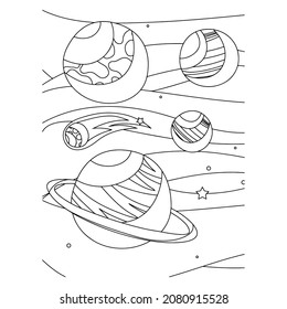 Esbozo de página de color de un cohete de dibujos animados con astronauta en el espacio. Libro de colorear para niños.