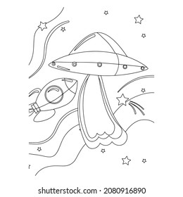 Coloring Page Outline Of a cartoon rocket with astronaut in space. Coloring book for kids.