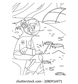 Coloring Page Outline Of a cartoon rocket with astronaut in space. Coloring book for kids.