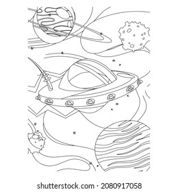 Coloring Page Outline Of a cartoon rocket with astronaut in space. Coloring book for kids.