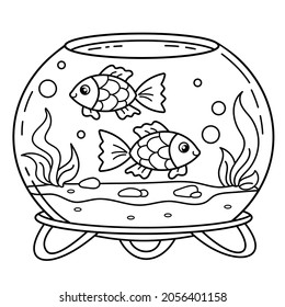 Coloring Page Outline Of cartoon round aquarium with small fish. Pet. Coloring book for kids