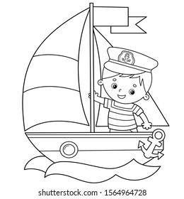 Coloring Page Outline of cartoon sail ship with sailor on the deck. Profession. Coloring book for kids.