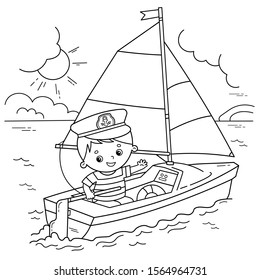 Coloring Page Outline of cartoon sail ship with sailor on the deck. Profession. Coloring book for kids.