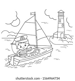 Coloring Page Outline of cartoon sail ship with sailor on the deck. Profession. Coloring book for kids.