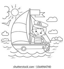 Coloring Page Outline of cartoon sail ship with sailor on the deck. Profession. Coloring book for kids.