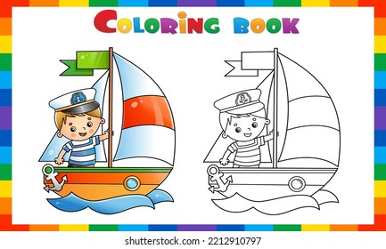 Coloring Page Outline Of cartoon sail ship with sailor. Images of transport for children. Coloring book for kids