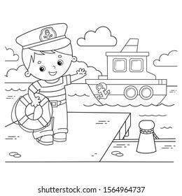 Coloring Page Outline of cartoon sailor on the dock next to the ship. Profession. Coloring book for kids.