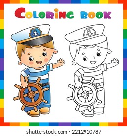 Coloring Page Outline of cartoon sailor or seaman with steering wheel or helm. Profession. Coloring book for kids.