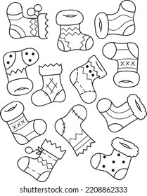 Farbumriss von Cartoon Socken. Farbige Vektorgrafik, Winterfarbbuch für Kinder.