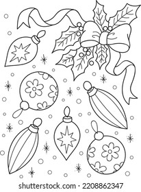 Coloring page outline of cartoon set of Christmas decorations. Colorful vector illustration, winters coloring book for kids.