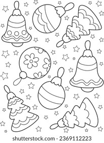 Coloring page outline of cartoon set of Christmas decorations. Colorful vector illustration, winters coloring book for kids.