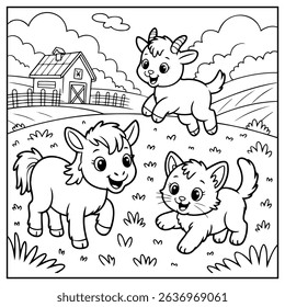 Coloring Page Outline Of cartoon sheep playing with dog and puppy.