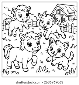 Coloring Page Outline Of cartoon sheep playing with dog and puppy.