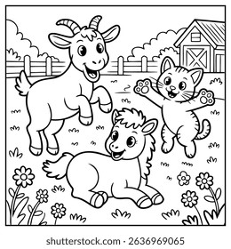 Coloring Page Outline Of cartoon sheep playing with dog and puppy.