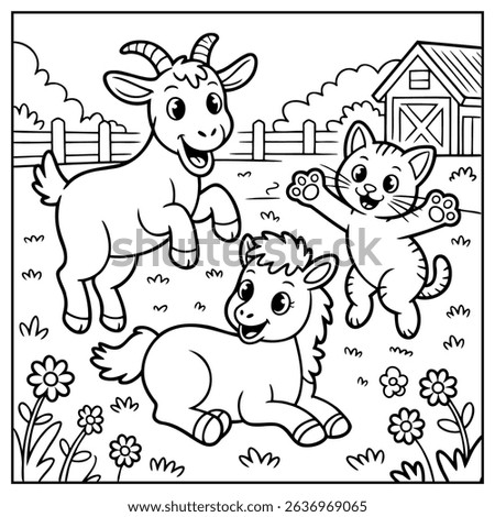 Coloring Page Outline Of cartoon sheep playing with dog and puppy.