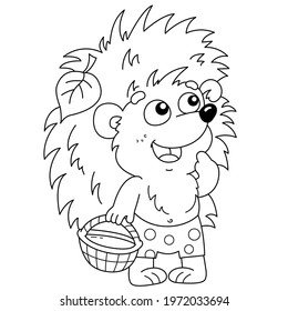 Coloring Page Outline Of cartoon small hedgehog with a basket for mushrooms. Coloring Book for kids.