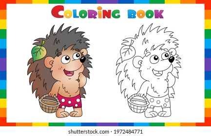 Coloring Page Outline Of cartoon small hedgehog with a basket for mushrooms. Coloring Book for kids.