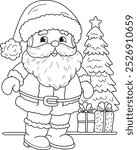 Coloring page outline of cartoon smiling cute Santa Claus with Christmas three. Colorful vector illustration, winter coloring book for kids.