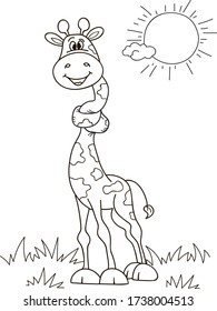 Coloring page outline of cartoon smiling funny giraffe. Colorful vector illustration, summer coloring book for kids.