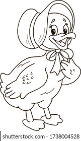 Coloring page outline of cartoon smiling cute girl duck. Colorful vector illustration, summer coloring book for kids.