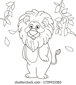 Coloring page outline of cartoon smiling cute lion in forest. Colorful vector illustration, summer coloring book for kids.