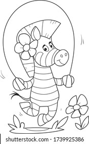 Coloring Page Outline Of Cartoon Smiling Cute Zebra Jumping Rope. Colorful Vector Illustration, Summer Coloring Book For Kids.