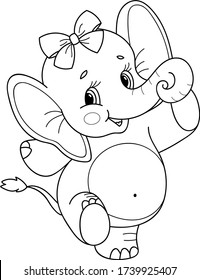 Coloring page outline of cartoon smiling cute girl elephant. Colorful vector illustration, summer coloring book for kids.