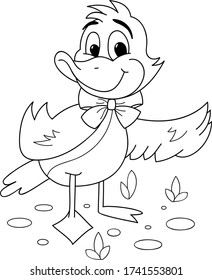 Coloring page outline of cartoon smiling cute duck. Colorful vector illustration, summer coloring book for kids.