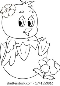 Coloring page outline of cartoon smiling cute little chick. Colorful vector illustration, summer coloring book for kids.