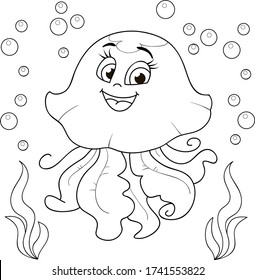 Coloring page outline of cartoon smiling jellyfish underwater. Colorful vector illustration, summer coloring book for kids.