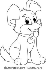 Coloring page outline of cartoon smiling cute little dog. Colorful vector illustration, summer coloring book for kids.