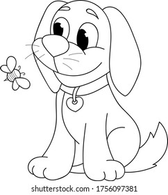 Coloring page outline of cartoon smiling cute dog with little bee. Colorful vector illustration, summer coloring book for kids.