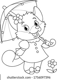 Coloring page outline of cartoon smiling cute beautiful fox under the umbrella. Colorful vector illustration, summer coloring book for kids.