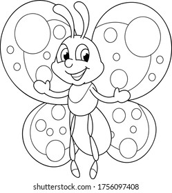 Coloring page outline of cartoon smiling cute butterfly. Colorful vector illustration, summer coloring book for kids.