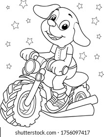 Coloring page outline of cartoon smiling cute dog on a motorcycle. Colorful vector illustration, summer coloring book for kids.